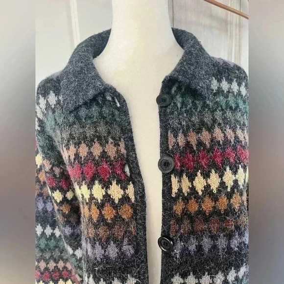 90s Vintage Eclectic Grandpa Coastal Grandma preppy Earthy Fair Isle Cardigan Lg - Picture 8 of 11
